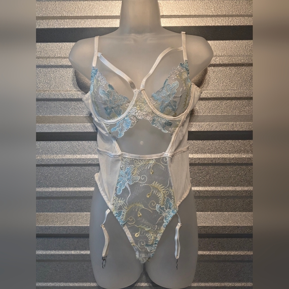 Elegant Moments Blue and White Lace Bodysuit